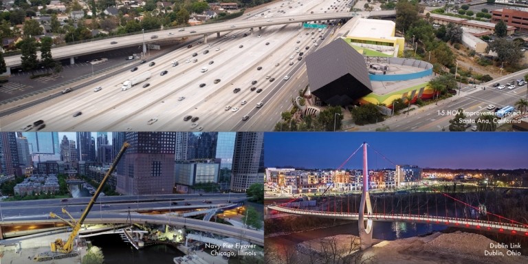3 picture collage of winning T.Y. Lin International Projects Roads & Bridges' 2020 Top 10 Bridge and Top 10 Road Awards